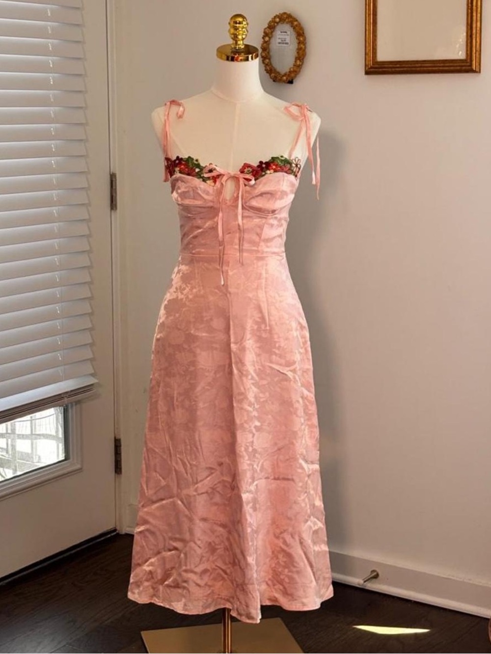 Lulu's Pink Satin Midi Dress with Floral Bust